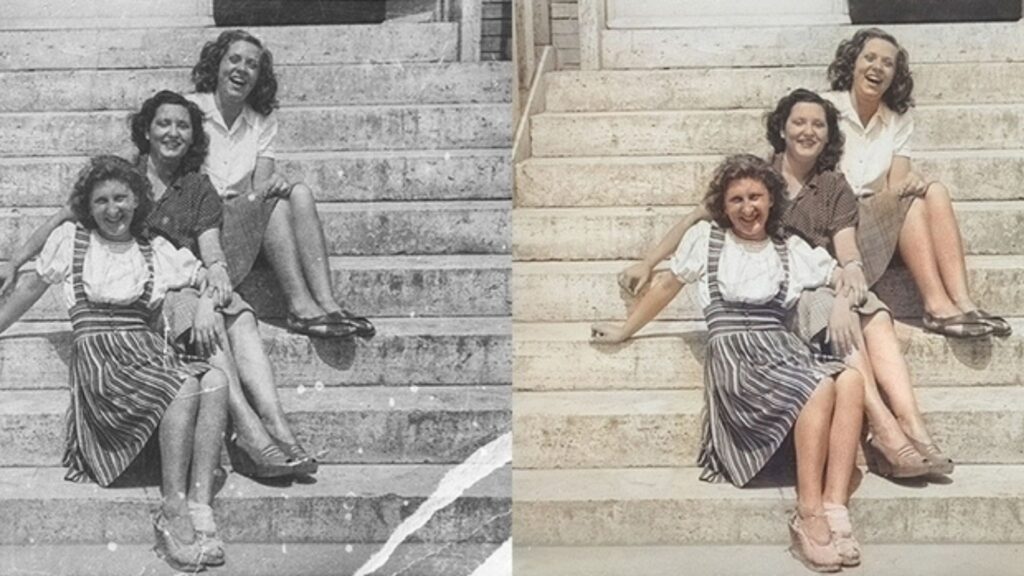 Before and after of a restored and colorized vintage photo.