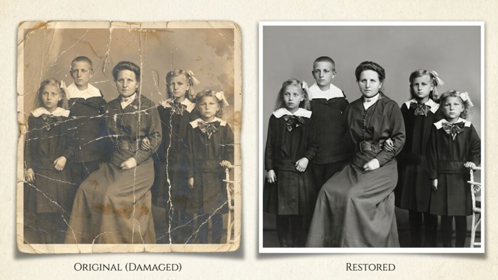 Before and after comparison to restore damaged photographs with moderate tears.
