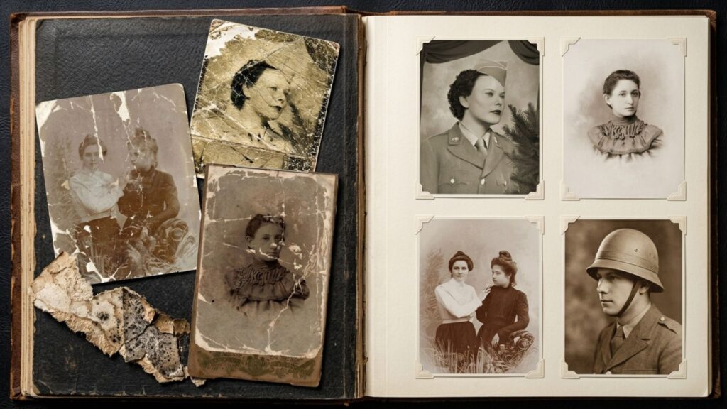 Before and after comparison to restore damaged photographs with severe fragmentation and missing parts. 