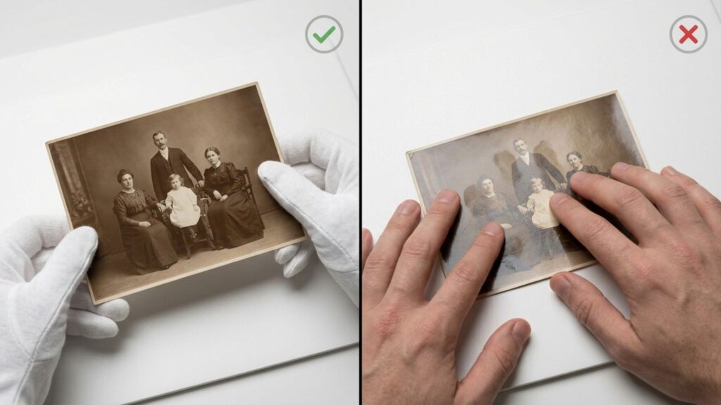 Using cotton gloves to safely restore damaged photographs.
