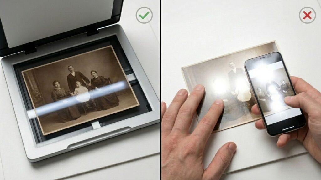 Using a flatbed scanner over a smartphone to digitize damaged photos. 