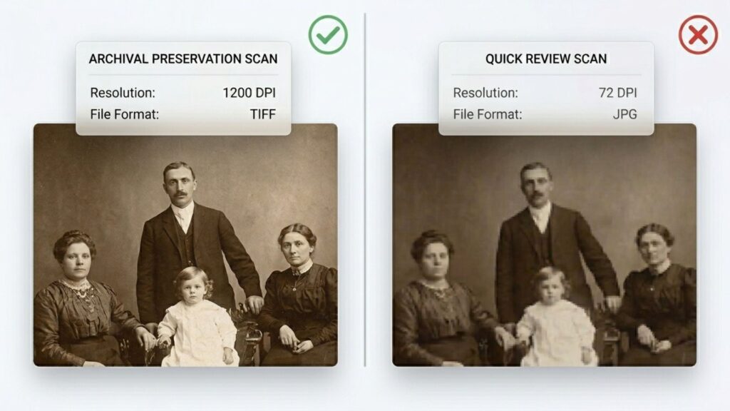High-resolution scanner settings to restore damaged photographs.