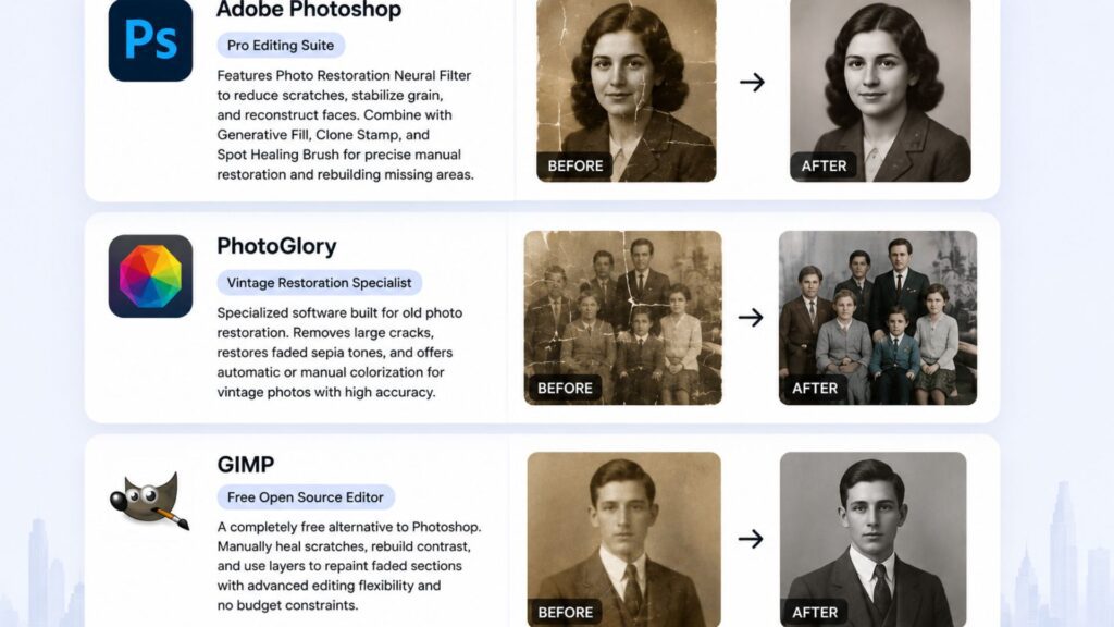 Traditional photo restoration software to restore damaged photographs.