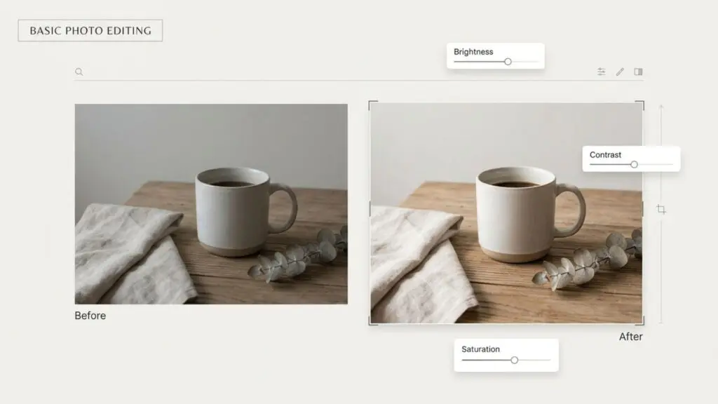 Before and after split-screen comparison of basic photo adjustments for a natural and optimized look.