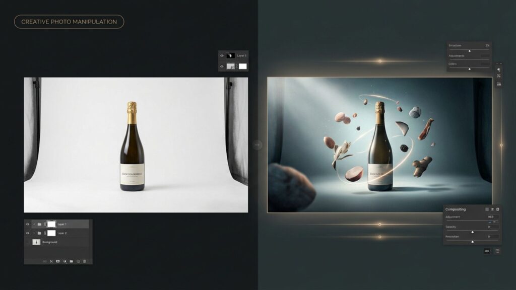 Before and after split-screen comparison of creative photo manipulation, showcasing surreal compositions and special digital effects for advertising.