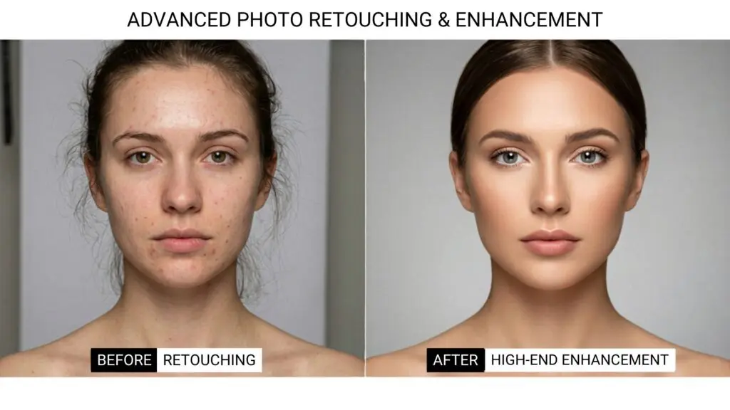Before and after split-screen of advanced photo retouching, skin tone correction, and high-end detail enhancement.