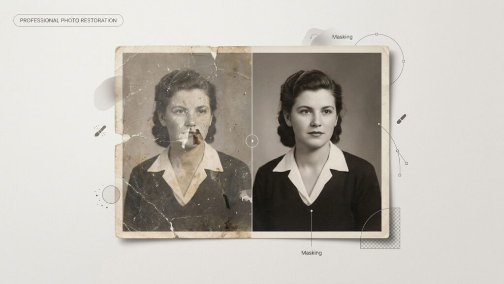 Before and after split-screen comparison of professional photo restoration, showing manual object removal and asset enhancement.