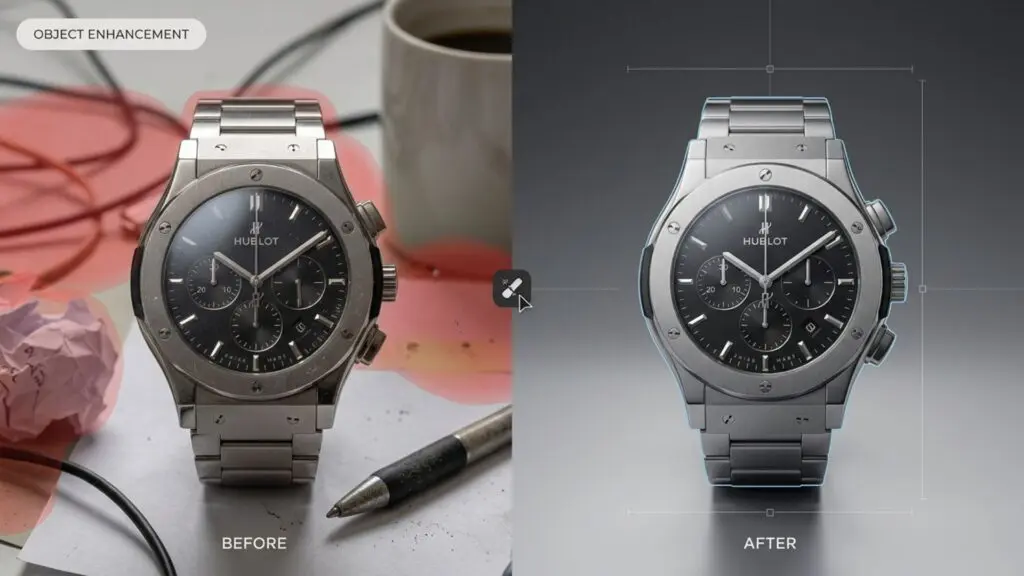 Before and after split-screen comparison of professional photo restoration, showing manual object removal and asset enhancement.