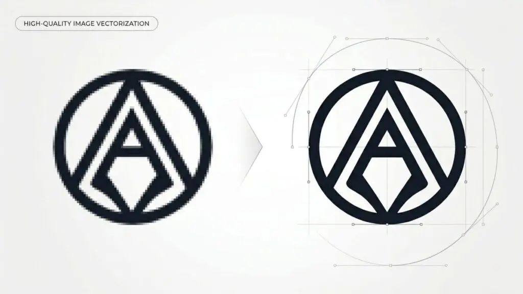 Before and after split-screen comparison of raster to vector conversion, showing infinite scalability and crisp line refinement.