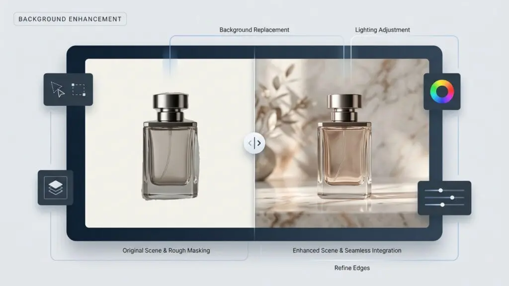 Before and after split-screen comparison of professional background editing, showing flawless edge blending and scenic enhancement.