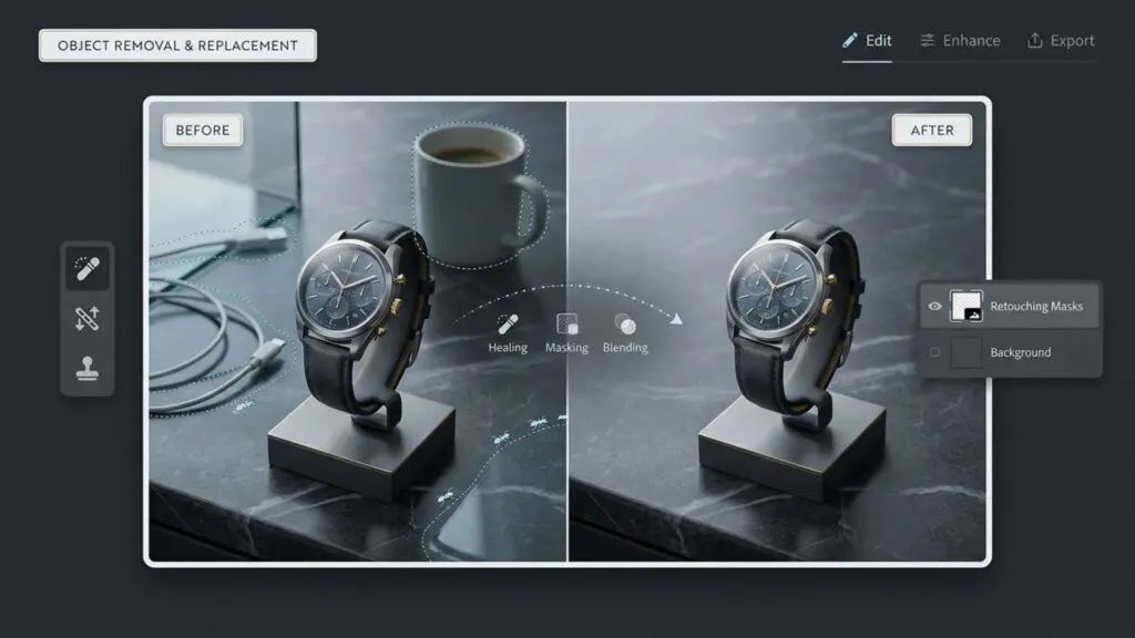 Before and after split-screen comparison of professional object removal, showing a seamless and clutter-free commercial image composition.