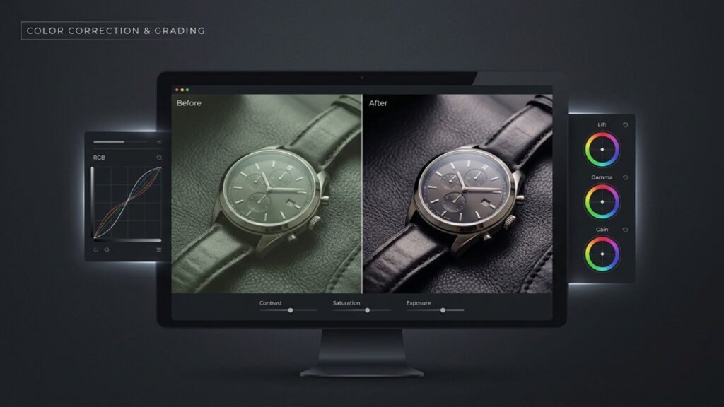 Before and after split-screen comparison of professional color correction, showing true-to-life color accuracy for e-commerce products.