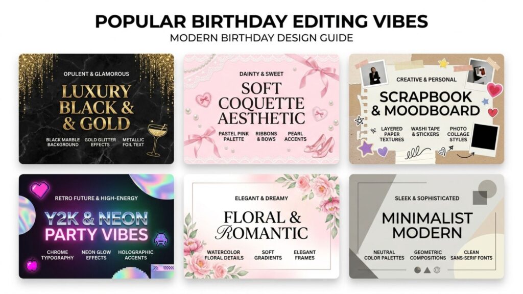 Six trending visual styles for happy birthday photo editing.