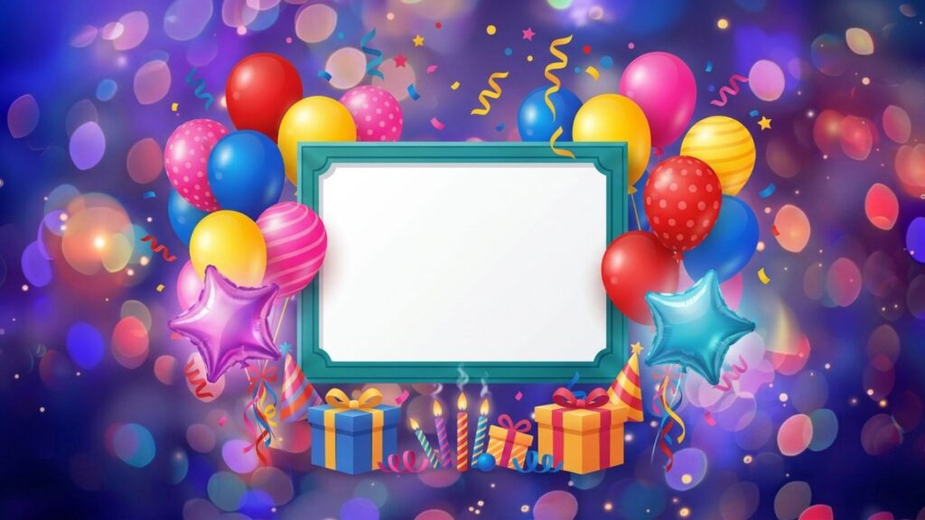 Colorful balloon birthday frames for photo editing with gifts.