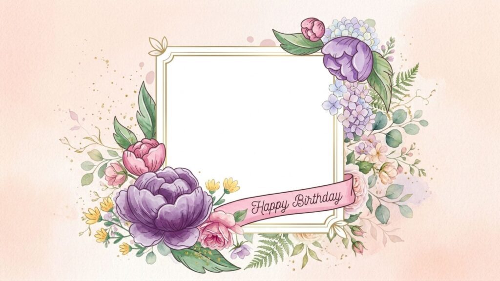 Elegant watercolor floral birthday frames for photo editing.