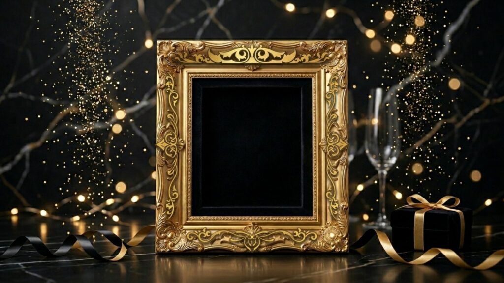 Golden luxury birthday frames for photo editing with glitter.