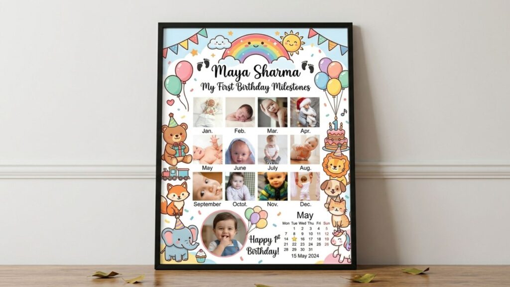 Baby happy birthday photo frame with name and photo edit.