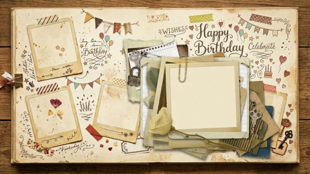 Vintage Polaroid birthday frames for photo editing with scrapbook elements.