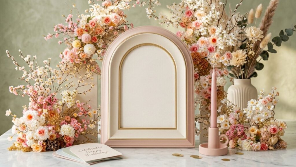 Elegant arch birthday frames for photo editing with soft pink flowers.