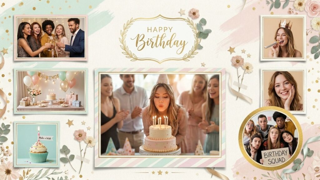 Collage grid birthday frames for photo editing showing multiple celebration memories.
