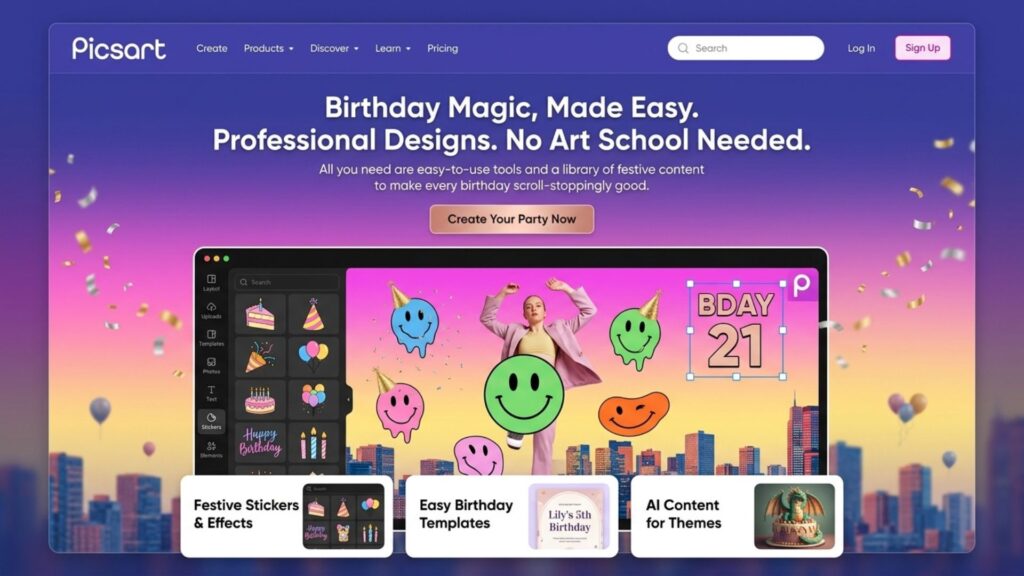 Picsart birthday photo editor showing festive stickers and templates. 