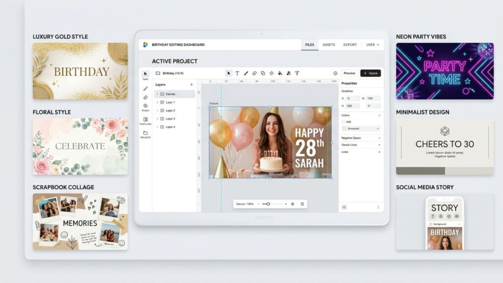 Digital dashboard displaying six different creative birthday editing ideas and styles.