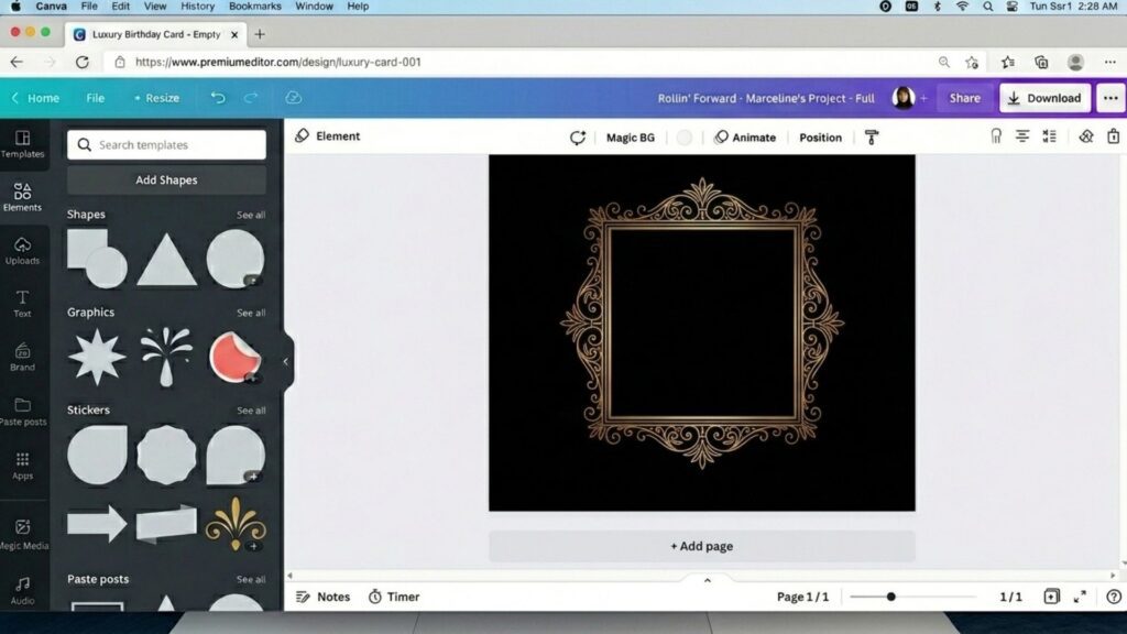 Selecting a luxury border template within an online birthday photo editor interface.
