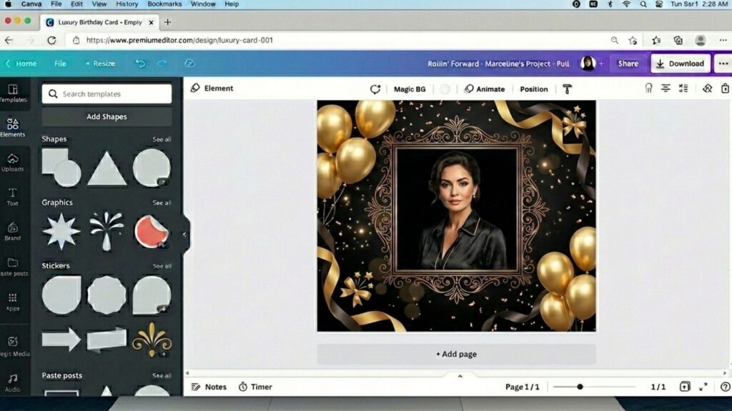 a portrait photo with the background removed inside a luxury gold birthday frame.