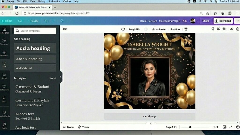 adding a personalized name and birthday wishes to a luxury design.