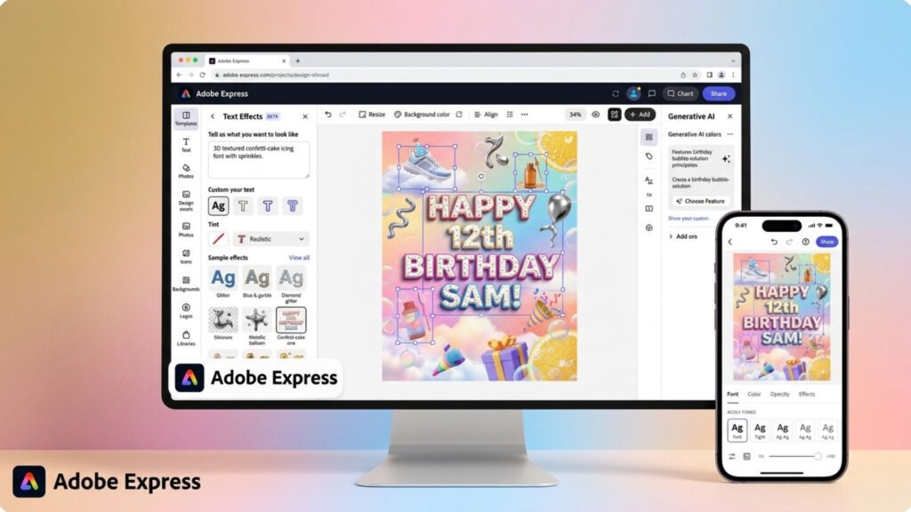 Adobe Express interface for professional birthday photo editing. 