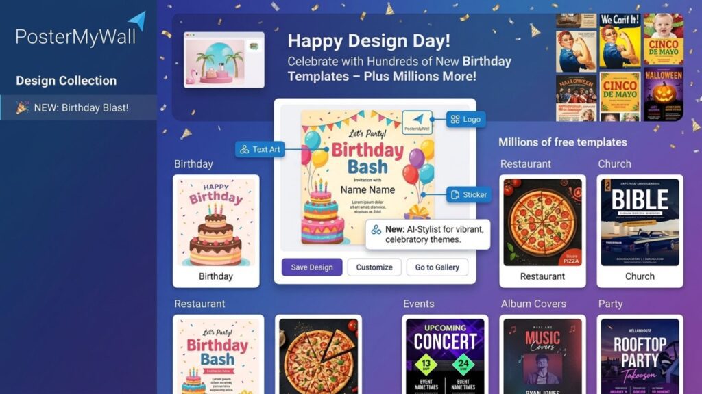 PosterMyWall dashboard showing templates for birthday photo editing.