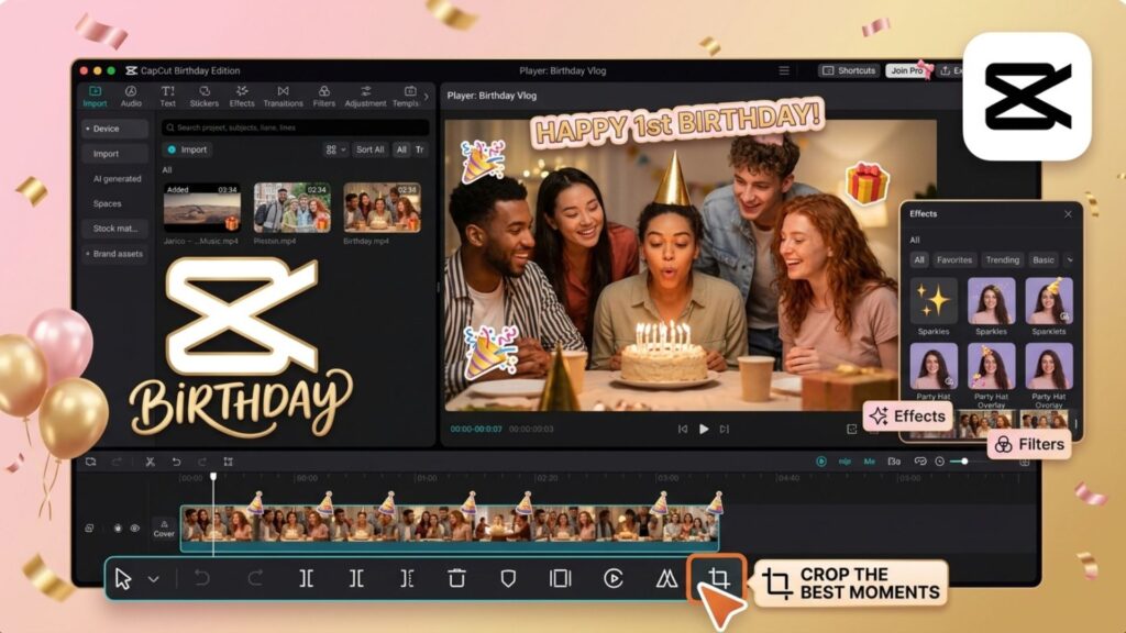 CapCut interface displaying templates and effects for birthday editing.