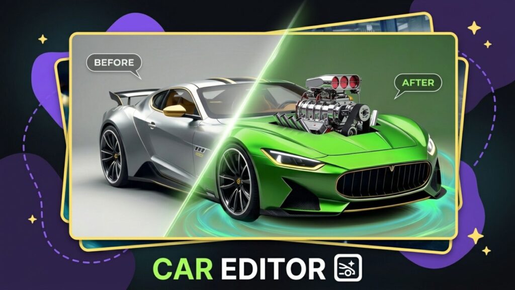 Car Photo Editing Guide: Professional Results With Free Online Apps 11 Car Editor app displaying a before-and-after screen of a sports car