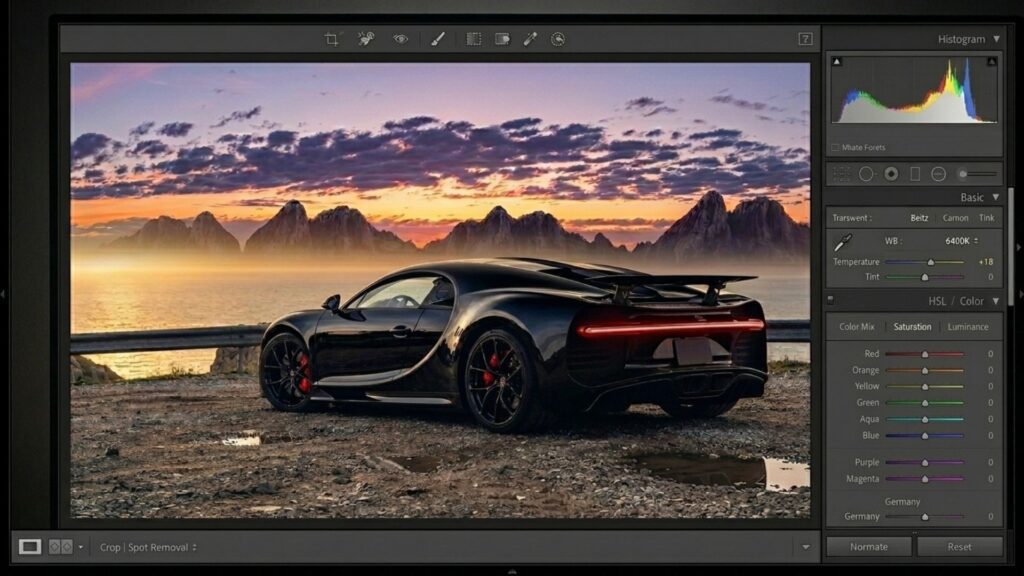Car Photo Editing Guide: Professional Results With Free Online Apps 3 Car photo editing interface with a black vehicle at sunset and HSL color adjustments