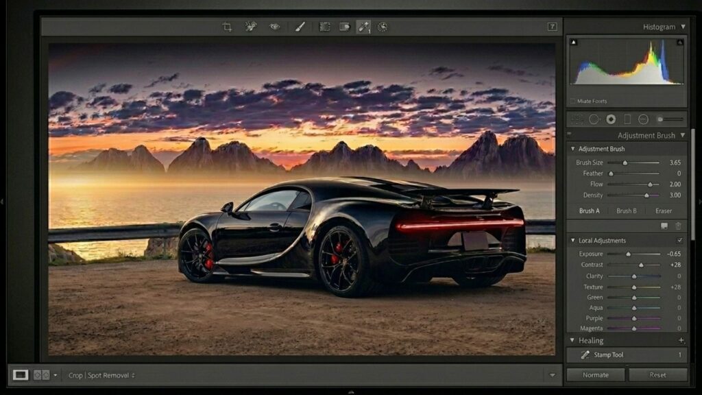 Car Photo Editing Guide: Professional Results With Free Online Apps 5 a car photo editor showing a black car at sunset with adjustment brush tools.