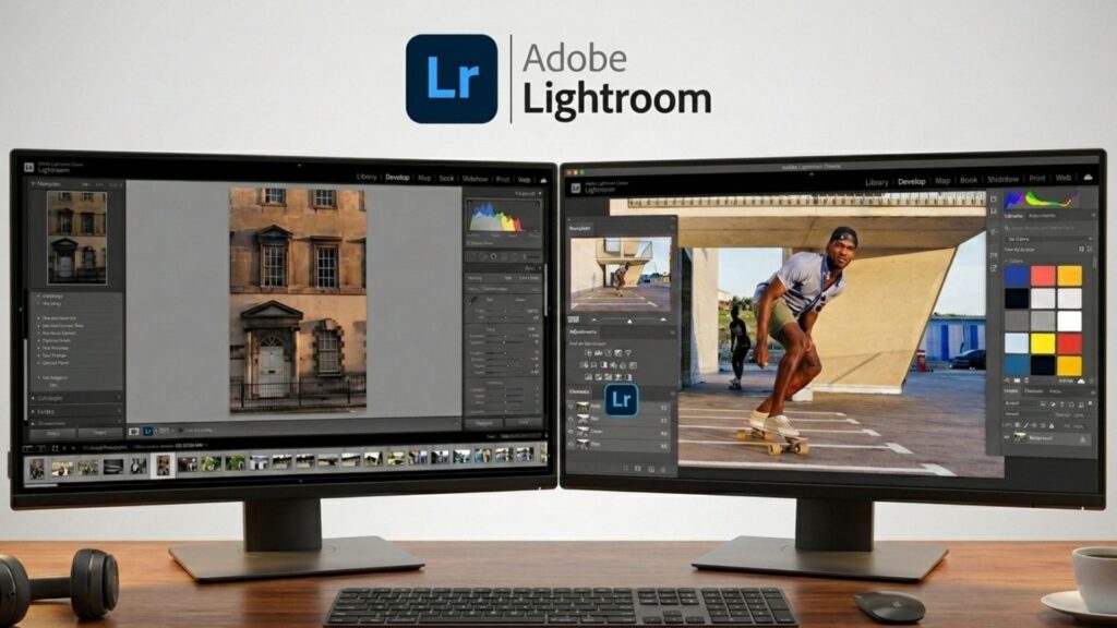 Car Photo Editing Guide: Professional Results With Free Online Apps 7 Dual monitors displaying a car photo-editing software workspace on adobe lightroom