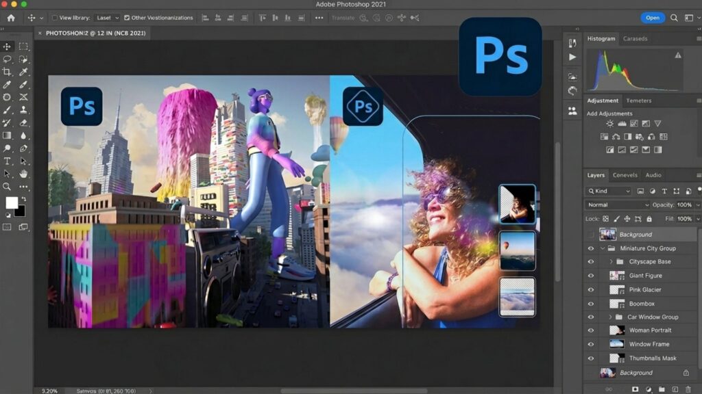 Car Photo Editing Guide: Professional Results With Free Online Apps 8 Adobe Photoshop screen with digital layers and a woman in a vehicle