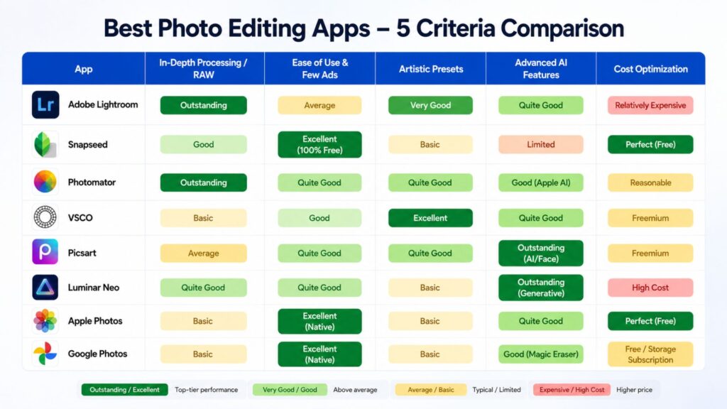 evaluation table of the best photo editing apps based on 5 defined criteria
