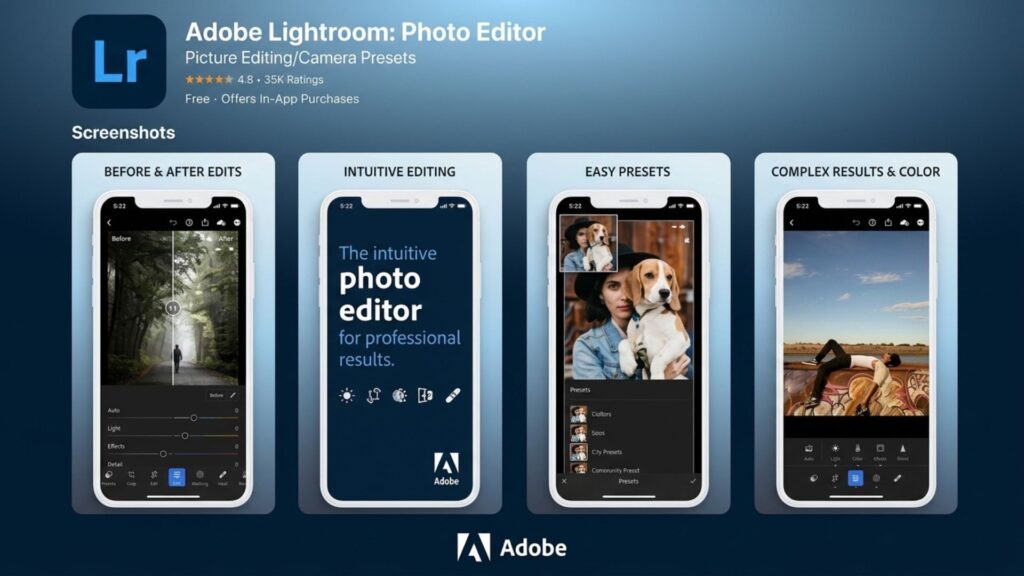 App store screenshots of Adobe Lightroom