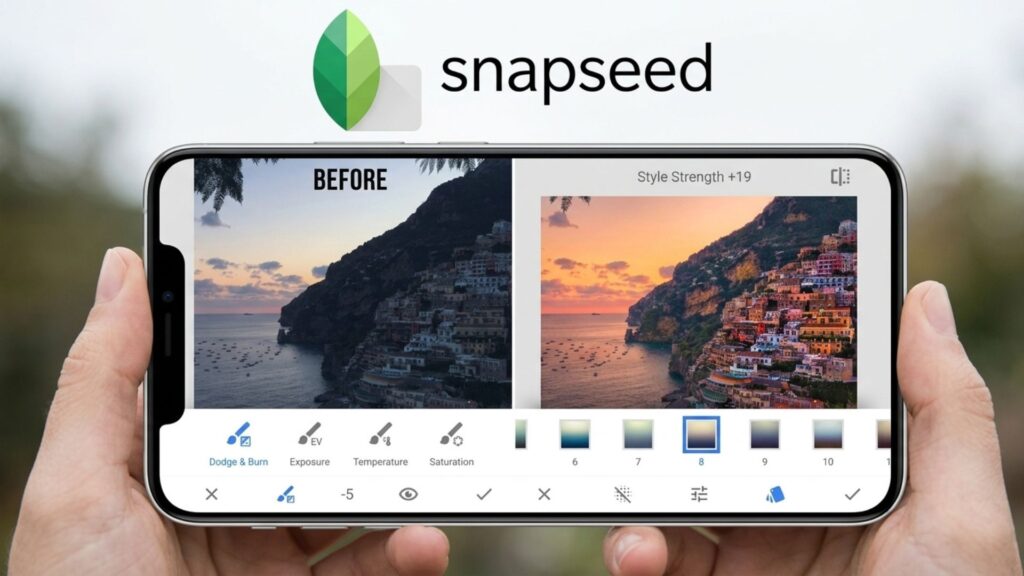 Hands holding a smartphone displaying the Snapseed before and after editing interface