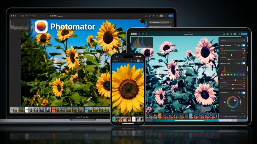 Apple devices displaying the Photomator photo editing interface with vibrant sunflower images.