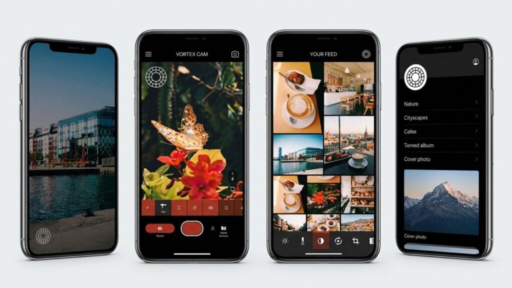 Smartphones displaying the VSCO app interface featuring cinematic film filters and visual galleries
