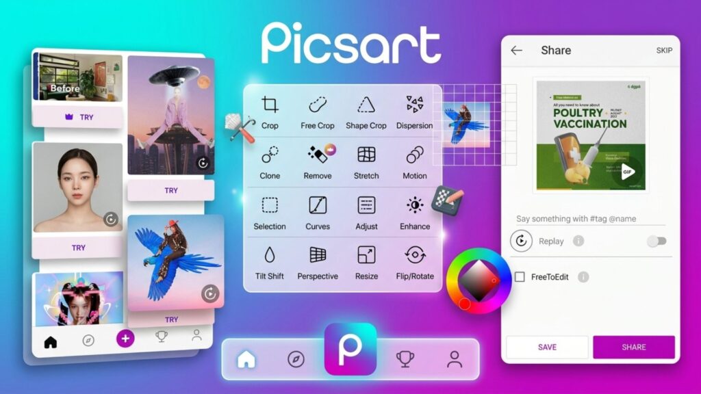 Screens displaying the Picsart interface featuring creative editing tools