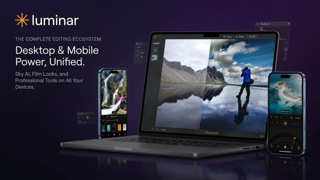Laptop and smartphones displaying the Luminar Neo editing ecosystem featuring advanced Sky AI