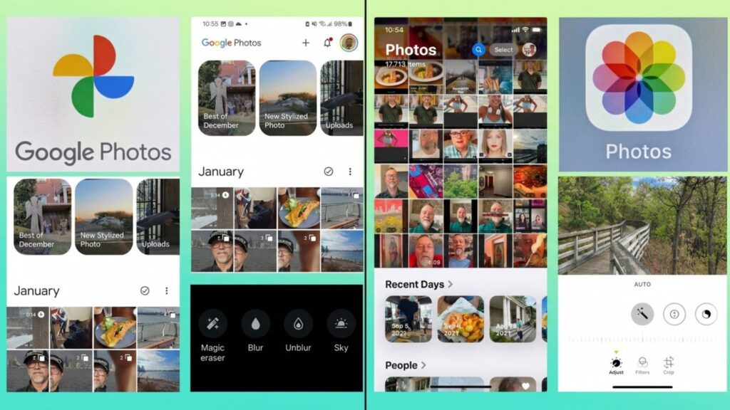 Side-by-side interfaces of Google Photos and Apple Photos displaying photo galleries and smart AI editing tools