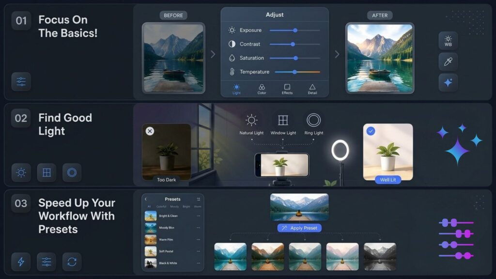 Infographic displaying essential photo editing steps including basic color adjustments, lighting setups and presets