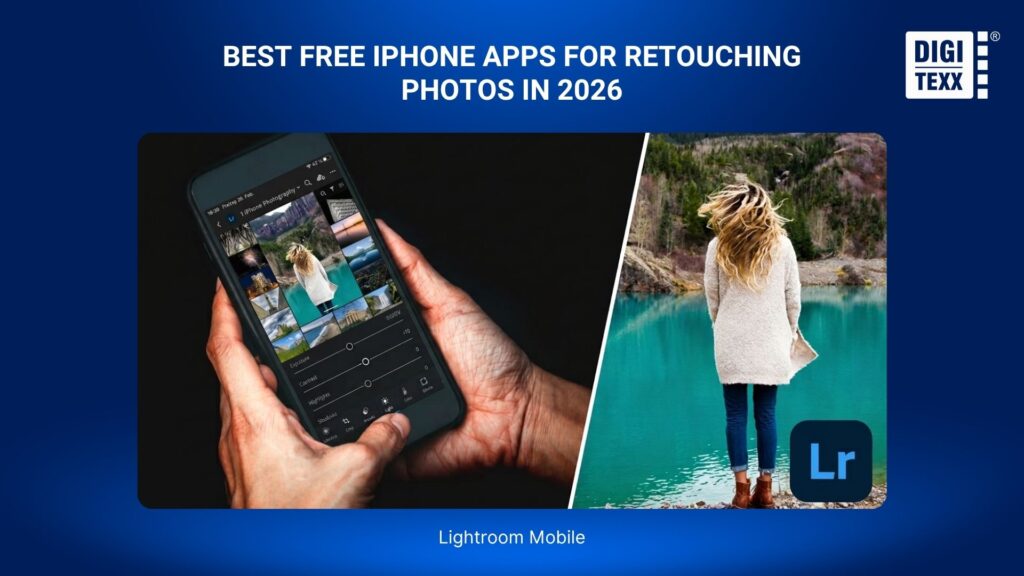How To Retouch Photos On iPhone – Best Free Apps For iOS 2 iPhone hands holding and editing photo in Lightroom app.