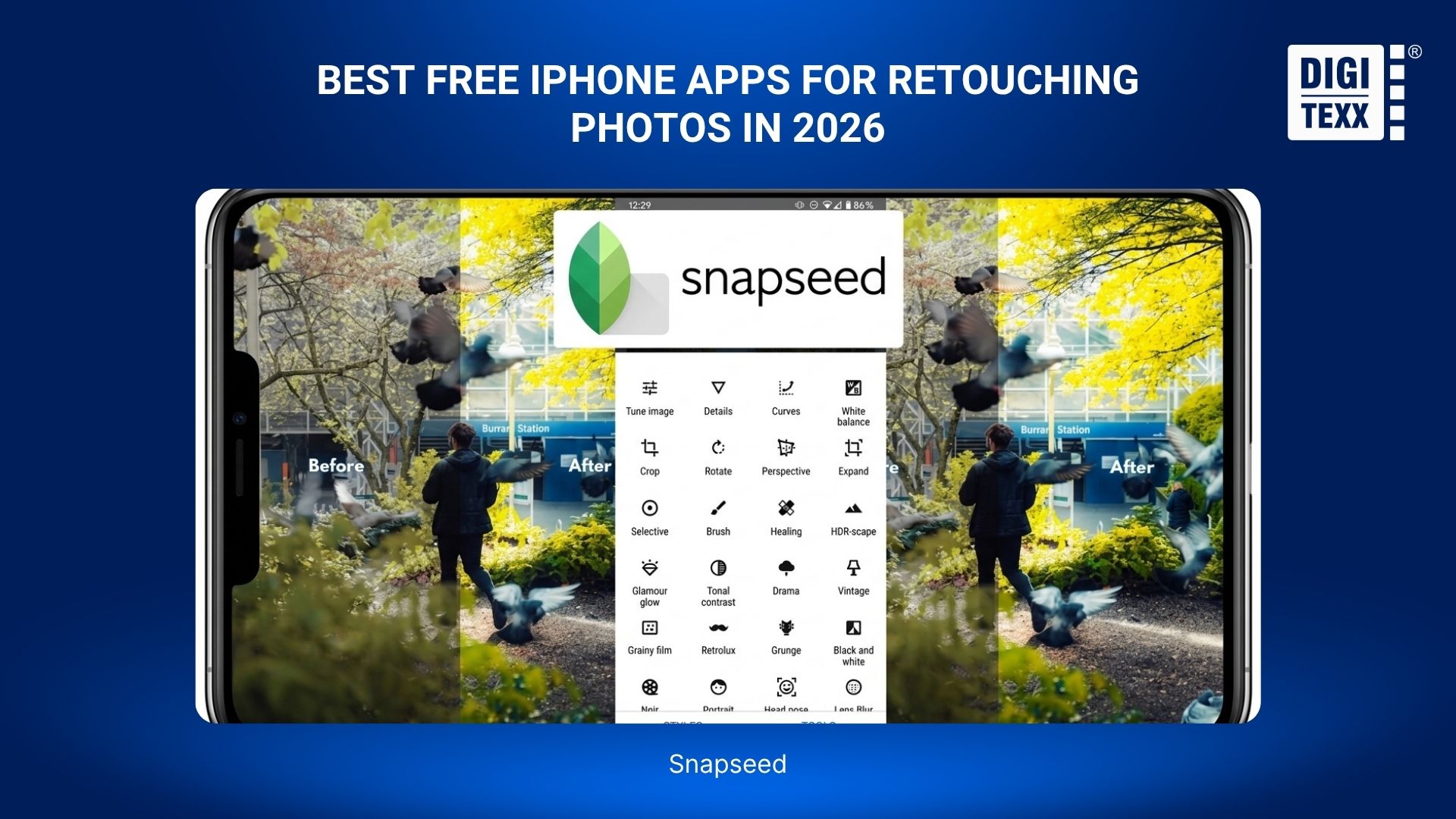 How To Retouch Photos On iPhone – Best Free Apps For iOS 3 Snapseed editing tools interface on an iPhone screen.