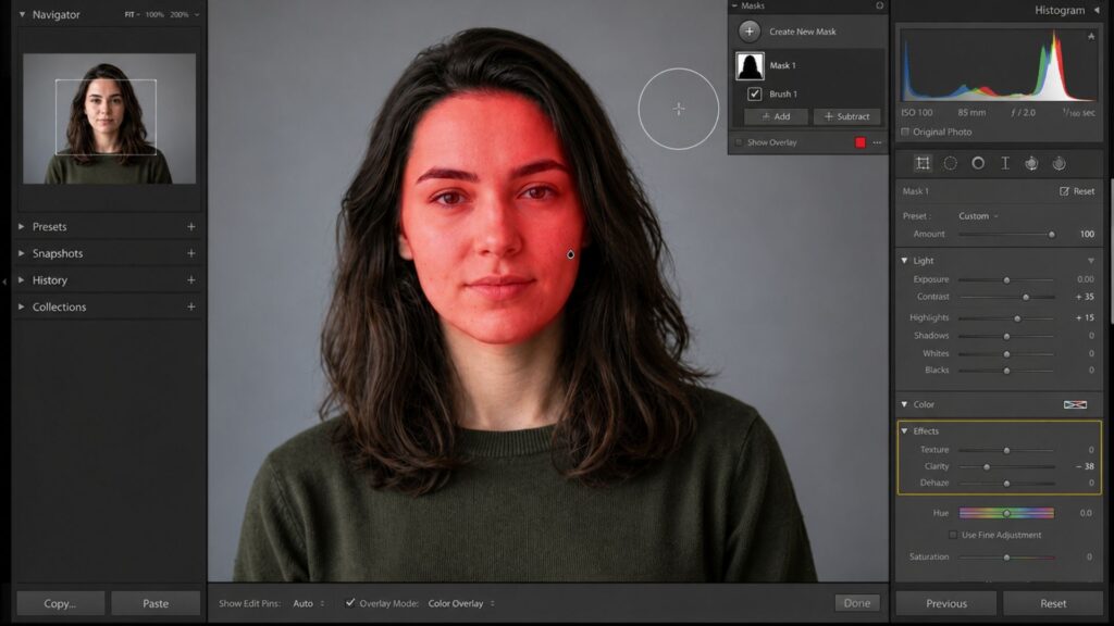 Using a local brush mask to soften portrait skin texture in portraits photo editing