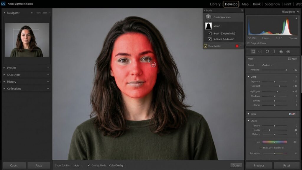 Fine-tuning skin masks and subtract brush selections in portraits photo editing